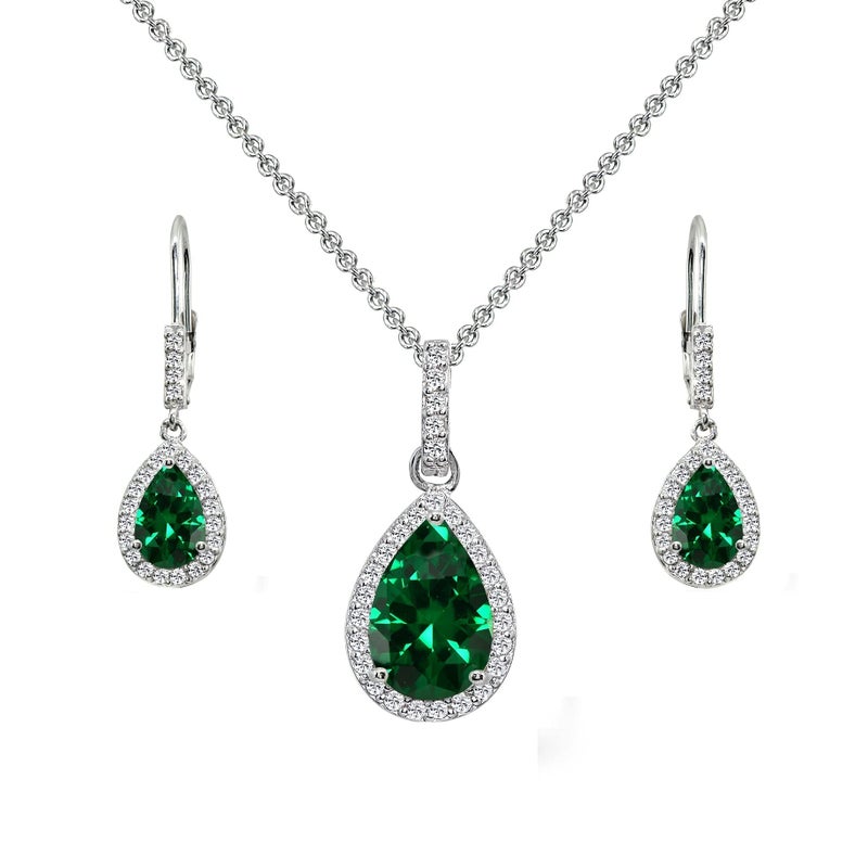 B. BRILLIANT Sterling Silver Simulated Emerald & White Topaz Teardrop Dangling Necklace & Leverback Drop Dangle Earrings Jewelry Set for Women with Gift Box - Image 1